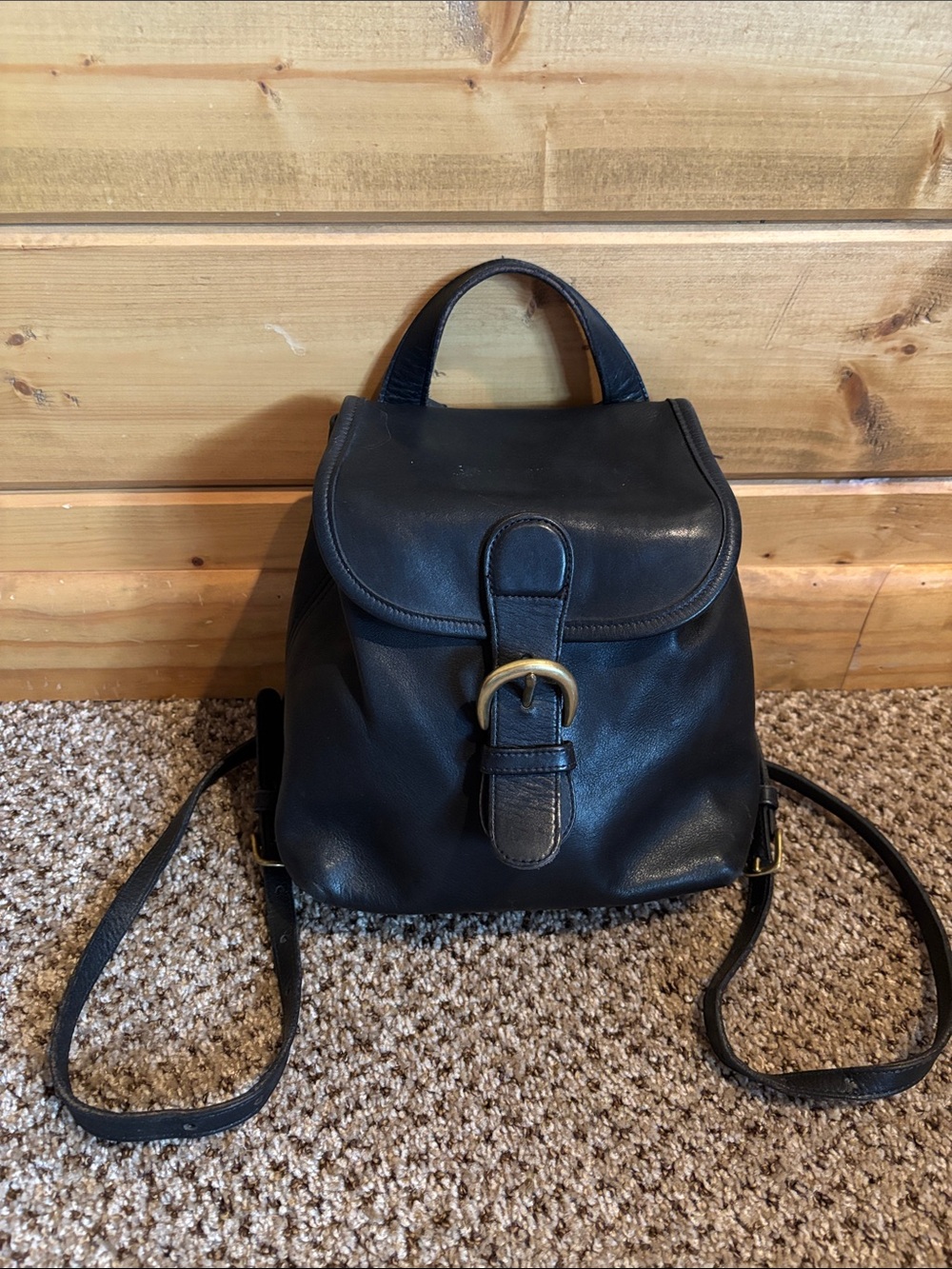 Coach Black Leather Mini Backpack with Brass Buckle